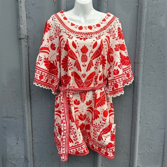 Farm Rio Jungle Flow Belted Mini Dress Red/ Cream Linen, Small - Picture 5 of 16